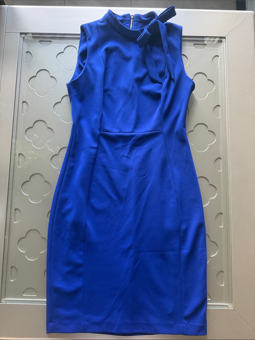 CALVIN KLEIN Royal Blue Tie Neck Sheath Dress Sleeveless Women’s Size 10 - Picture 9 of 13